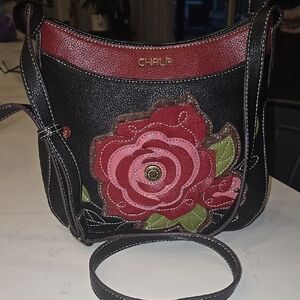 Chala Black and Red Rose Crossbody Bag